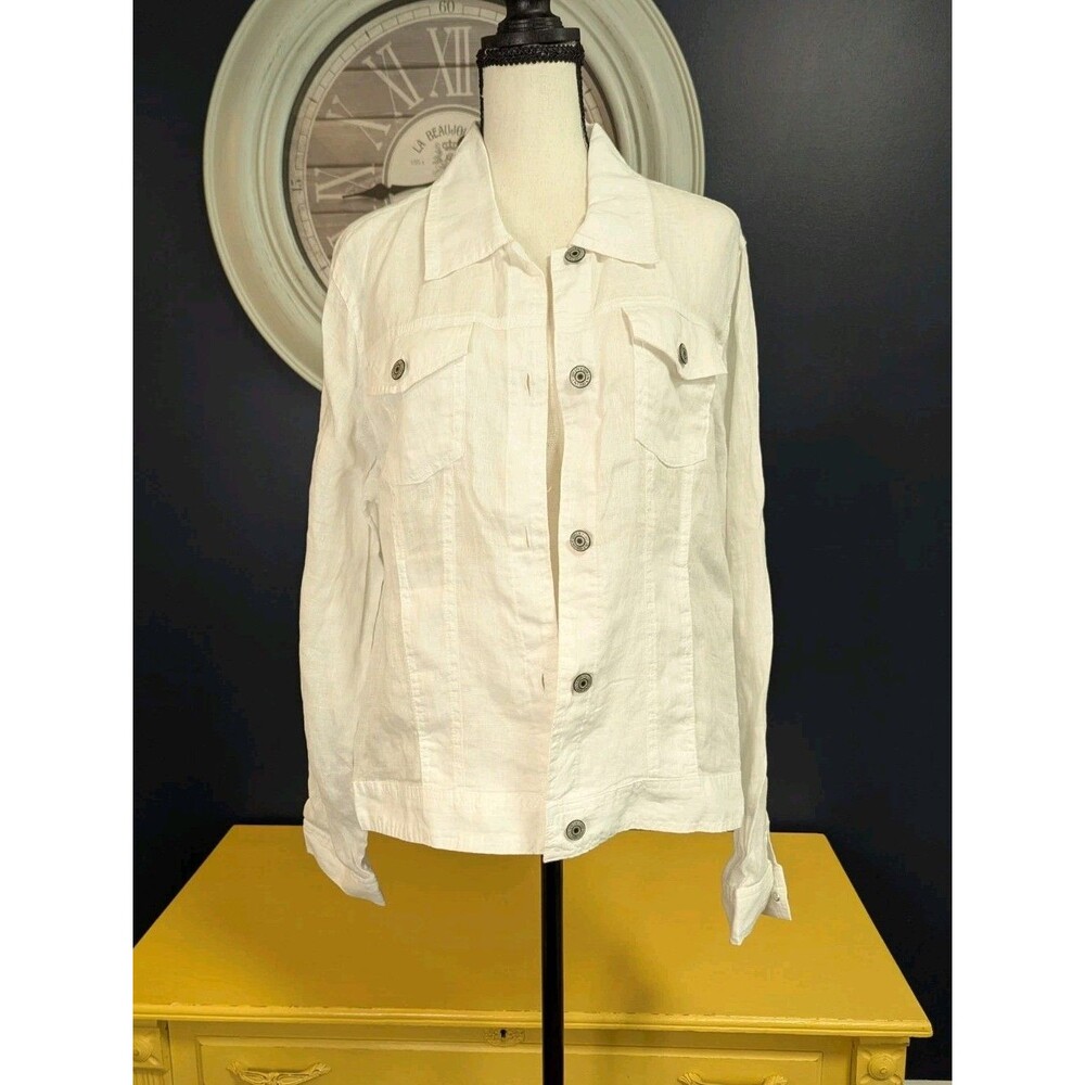 Jones New York White 100% Linen Jacket Women's XL Beachy Coastal Trucker EUC